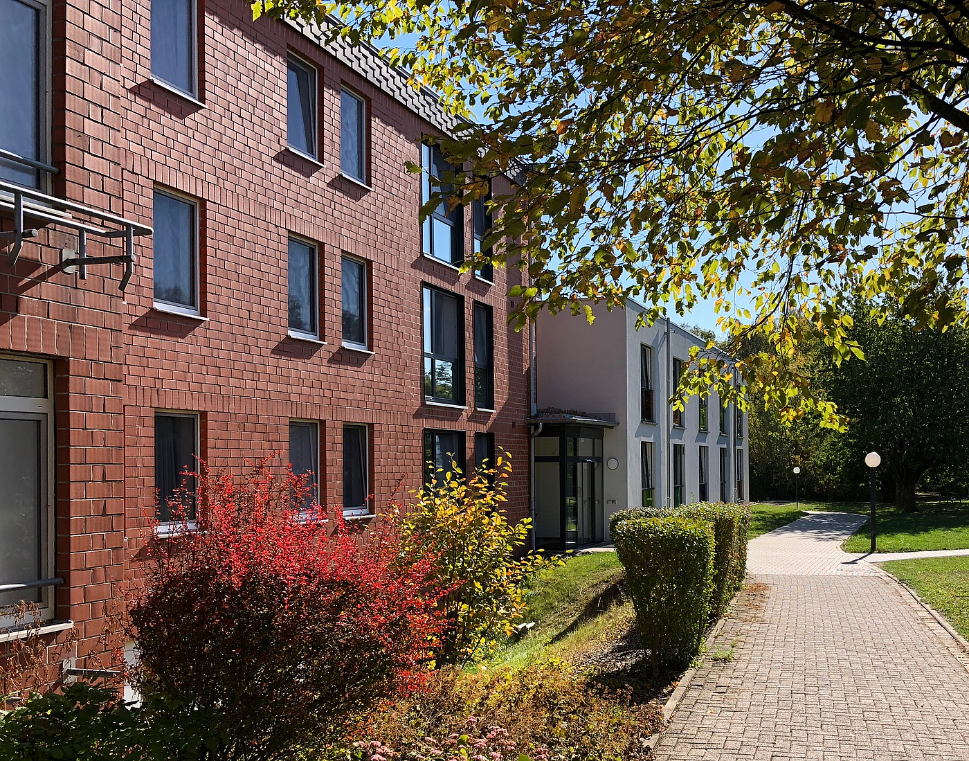 Fachklinik Erlengrund in Salzgitter Ringelheim. Rote Klinkerfassade mit Blumenbeet.